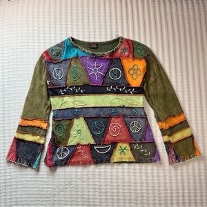 Rising International Multicolor Knit Embroidered Patchwork Long Sleeve Tee